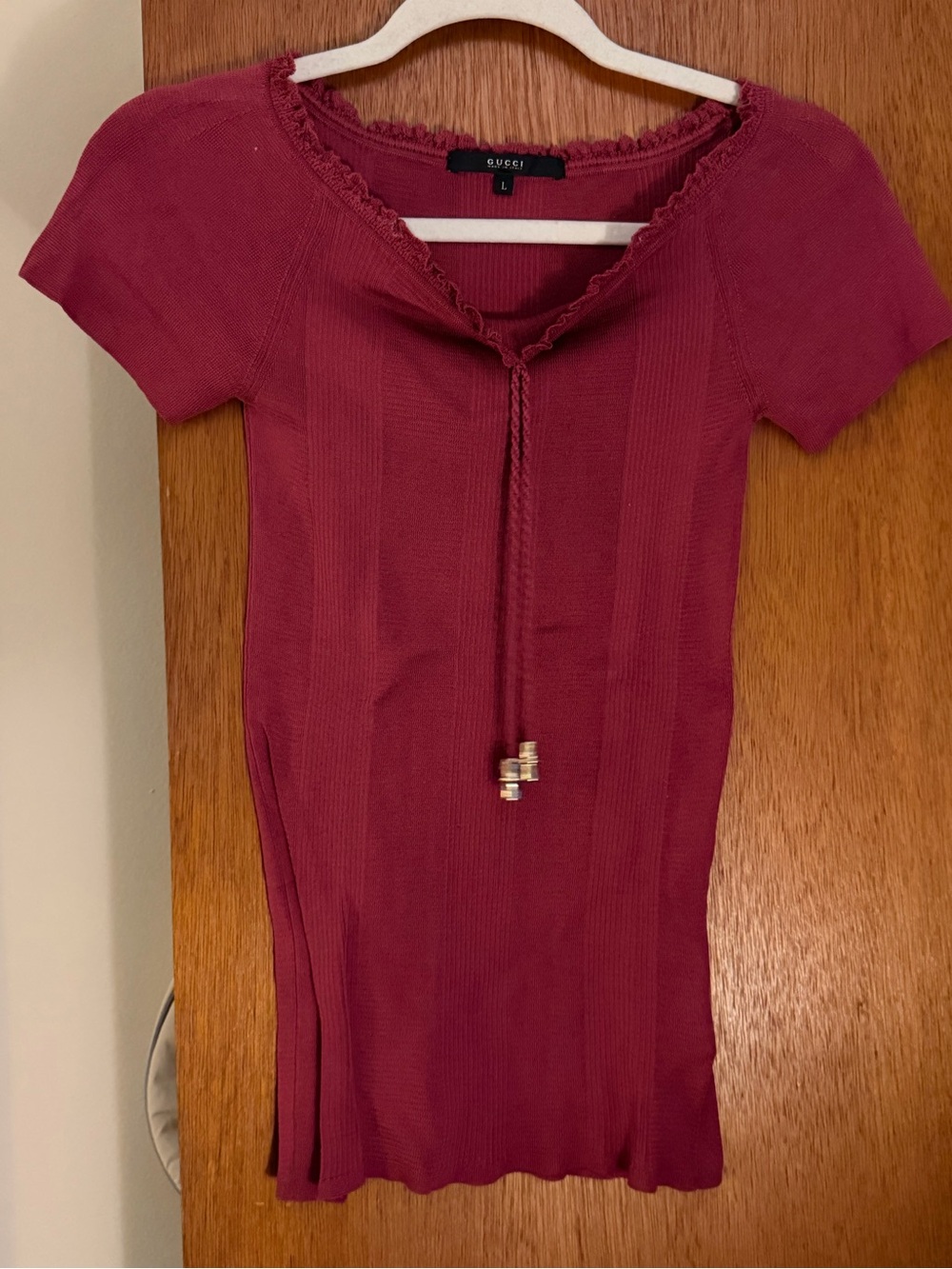 Gucci vintage burgundy cotton knit tie neck top